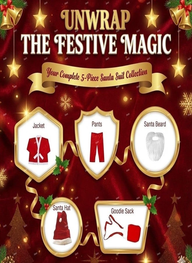 SKYWARE Santa Claus Dress For Kids 3-5 Years Boy Girl 5Pc Set with Beard Shirt Pant Hat Goodie Bag Warm Fleece Christmas Fancy Dress Competition Costume School Function Xmas Gift Suit Prop Red - Image 2